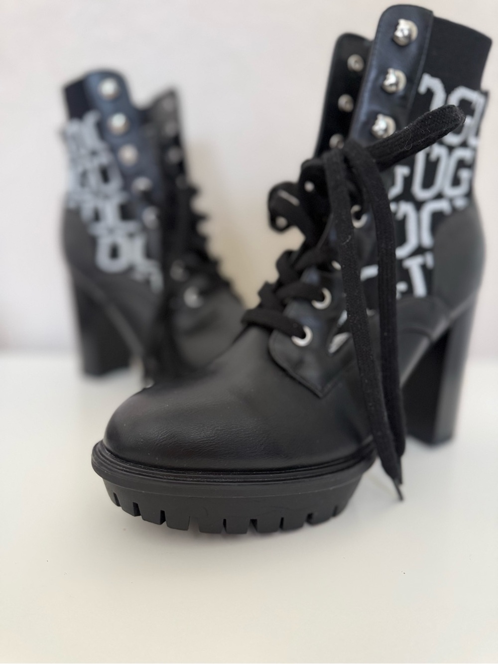 Guess Black Lace-Up Chunky Heel Ankle Boots with White Logo